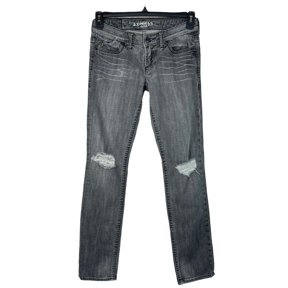 Express SZ 2 Straight Leg Jeans Distressed Pockets Low-Rise Whiskered Gray Wash